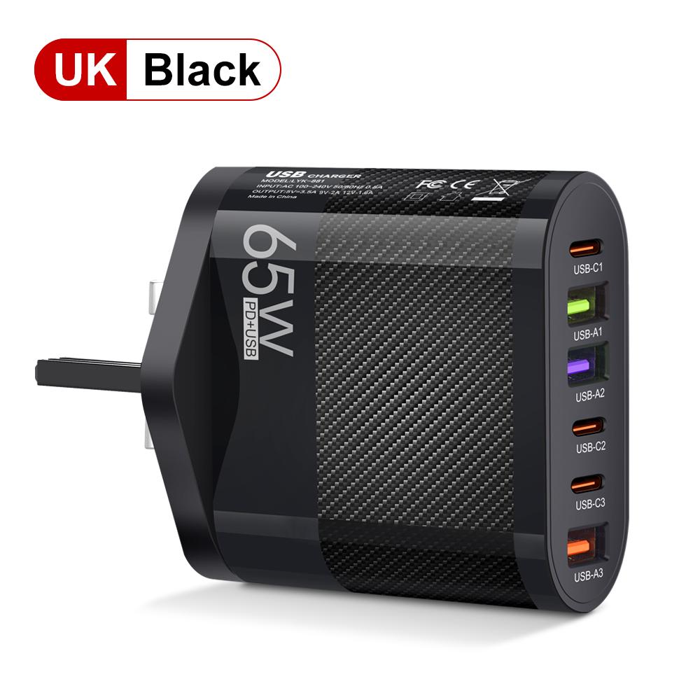 65W 6 Ports 3PD+3USB USB A USB C Wall Charger Mobile Phone FastCharging Adapter For iphone/Samsung Portable Charger