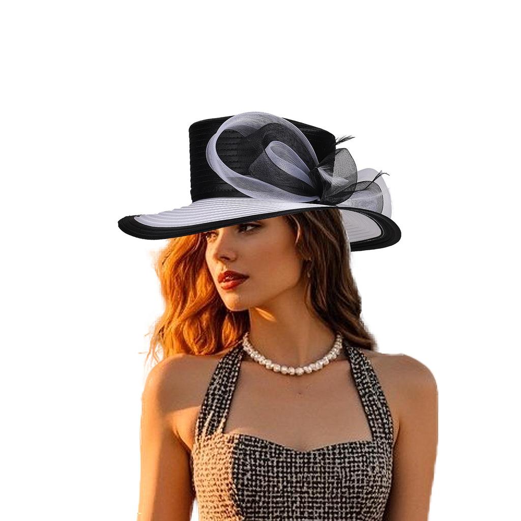 Women Derby Church Dress Fascinator Cloche Hat Wide Brim Tea Party Wedding Bucket Hat with Bow Accent
