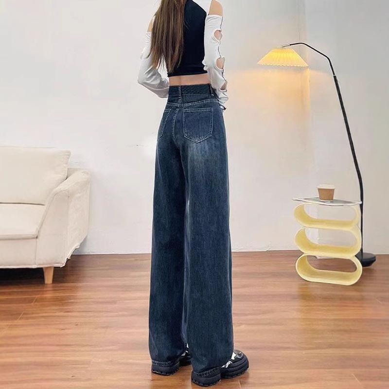 Женские джинсы с высокой посадкой и широкими штанинами - Весна/Осень 2025, в стиле ретро Гонконг, свободного прямого кроя с легкой драпировкой.