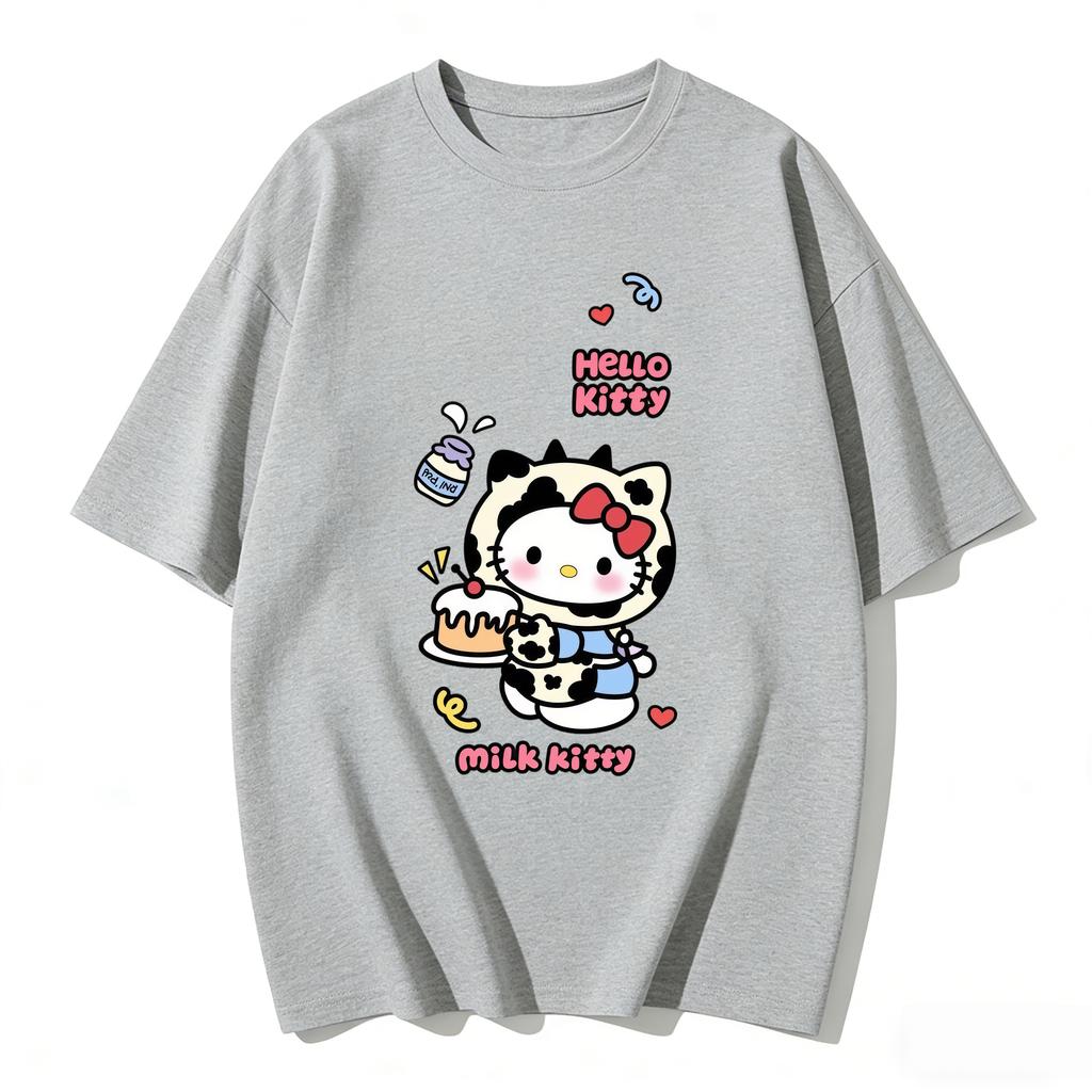 Летняя футболка с принтом Hello Kitty, короткий рукав, 100% хлопок, женская, для семейного образа, классическая модная футболка