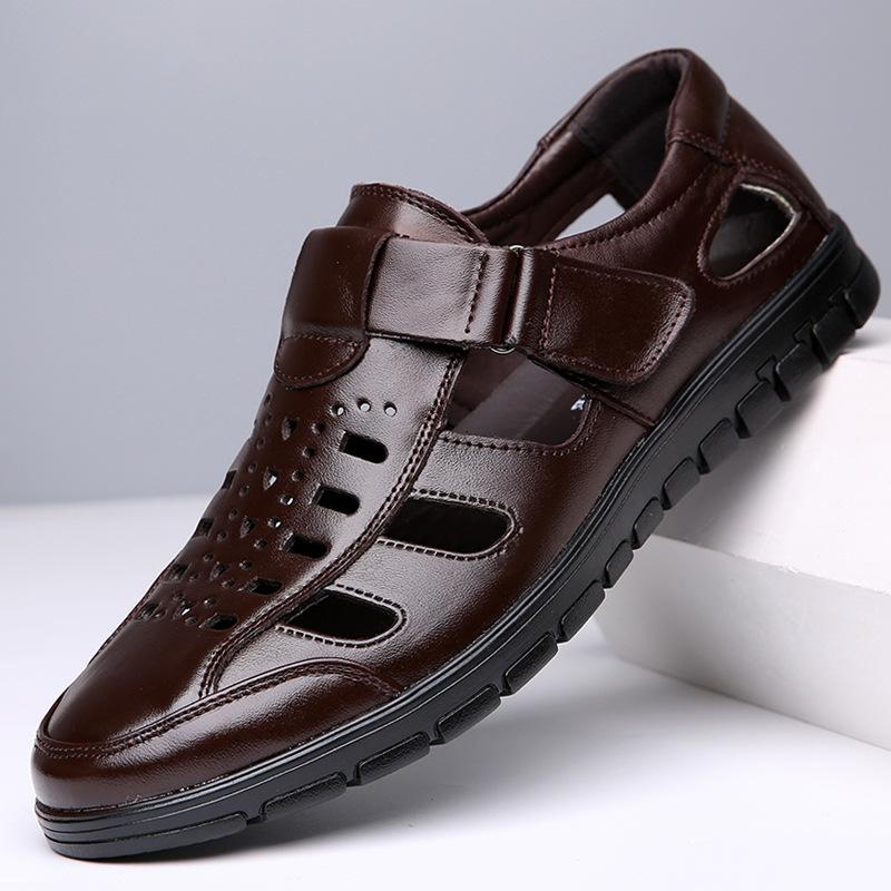 Летние мужские сандалии кожаные дышащие повседневные туфли с отверстиями из коровьей кожи износостойкие ажурные H400