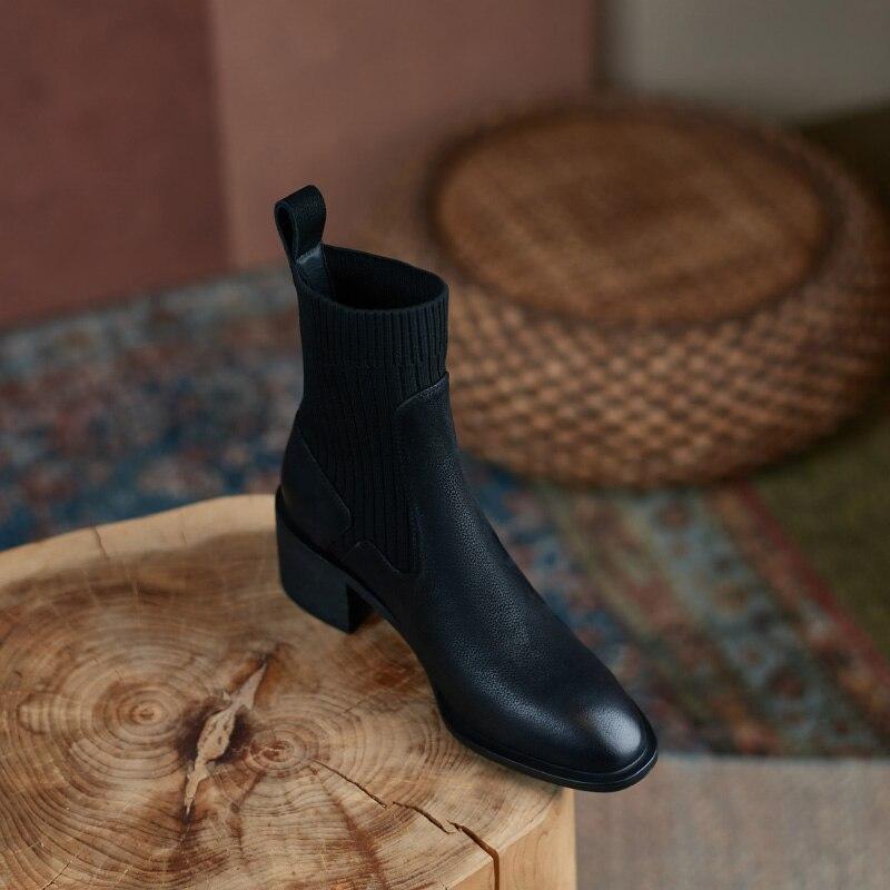 Женские ботильоны из коровьей кожи, вязаные ботинки с верхом, винтажные короткие сапоги на толстом каблуке