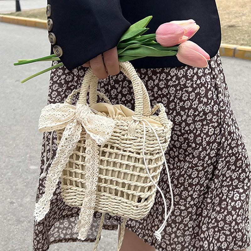 Yogodlns Соломенная сумка с цветочной вышивкой и бантом, тканая полая сумка-ведро на плечо, праздничная пляжная сумка, летняя сумка через плечо, сумка