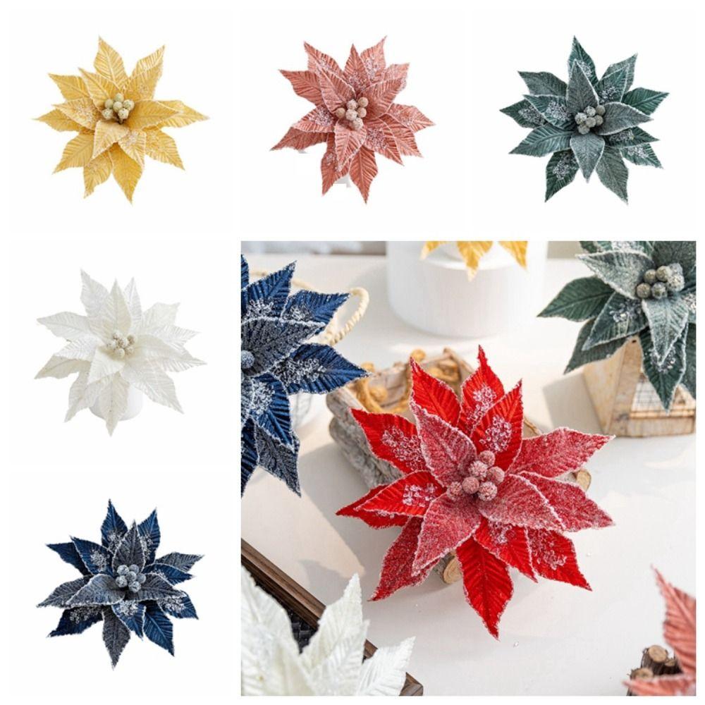 Luxurious Faux Velvet Christmas Flower Elegant Realistic Xmas Tree Ornaments with Ice Crystal Handmade Eternal Flower Home Decor