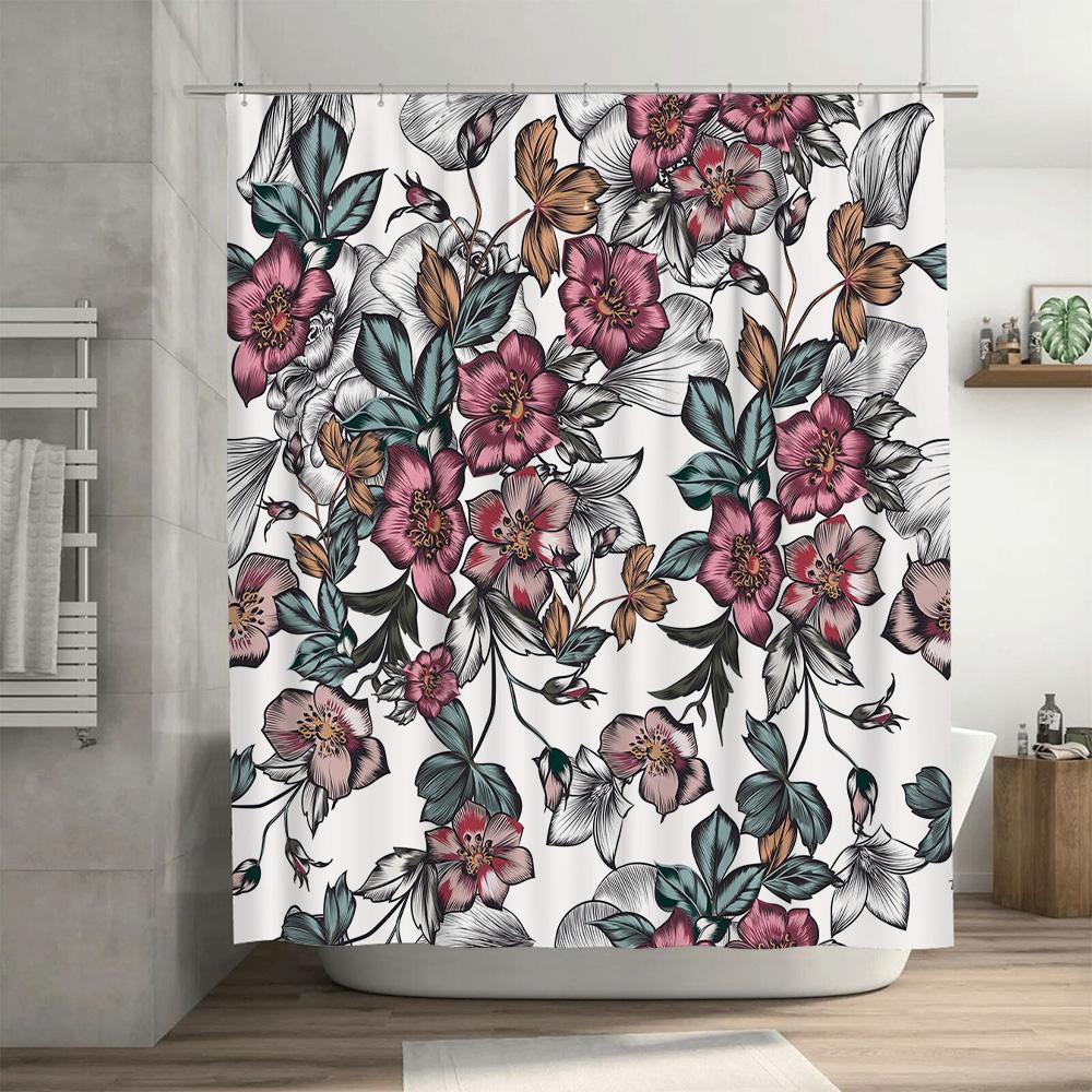 Vintage Floral Printed Shower Curtain Decorative Bathing Room Waterproof Fabric Home Decoration
