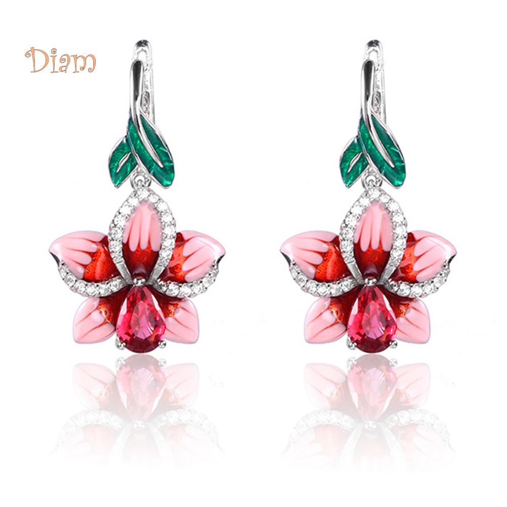 Diamonding Jewelry Chic Women Enamel Leaf Flower Pendant Crystal Stone Inlaid Leverback Earrings