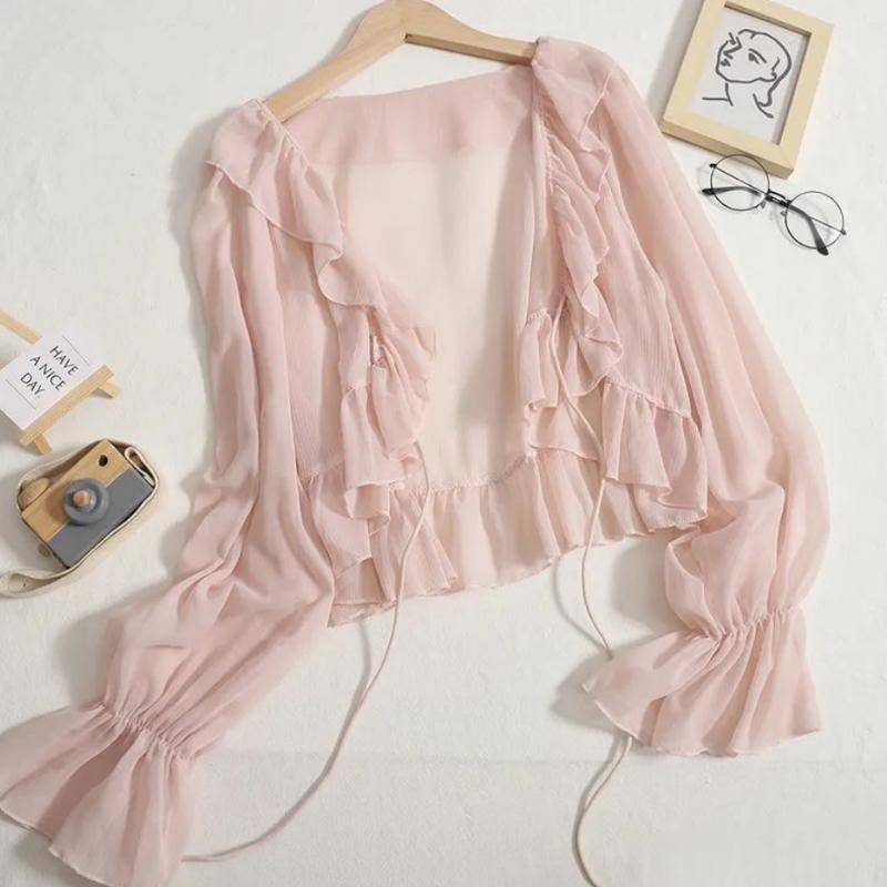 HOUZHOU Солнцезащитная рубашка женская короткая галстук-бабочка с шалью с грибковым краем женское летнее платье повседневное свободное трендовое с длинными рукавами