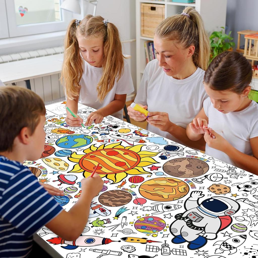 Outer Space Coloring Poster for Kids - 35.5 x 72 Inch Giant Space Activity Coloring Tablecloth for Classroom Party Supplies, Astronaut Solar System