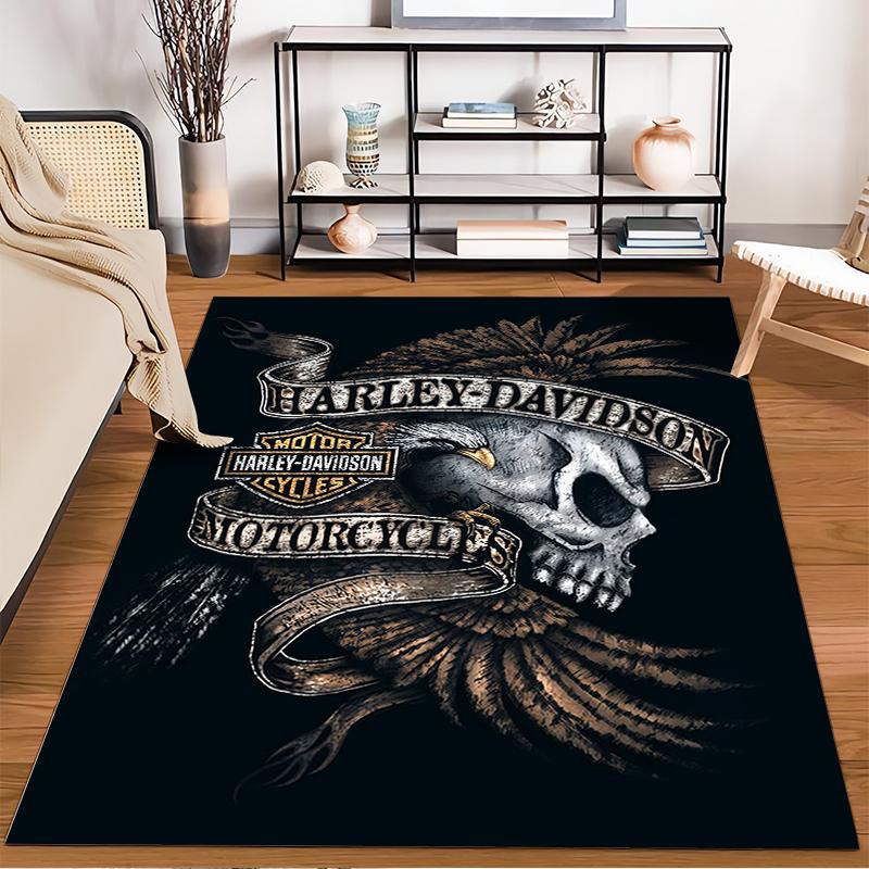 Skull and Eagle Harley Davidson Motorcycle Logo Black Rug Decor Suitable for use as an anti-slip for living room bedroom sofas