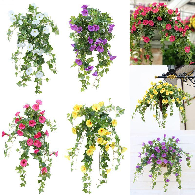 Hanging Artificial Basket Silk Morning Glory Flower Vine Home Wall Decor