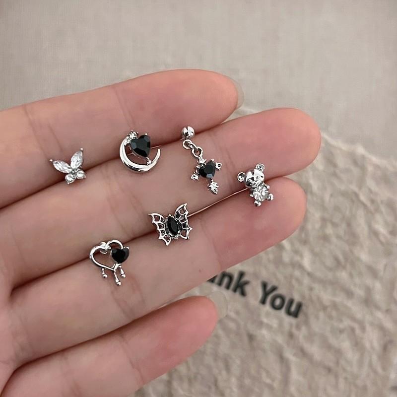 6pcs/set Cute Butterfly Bear Stud Earring Set Silver Earrings for Women Jewelry Accessories