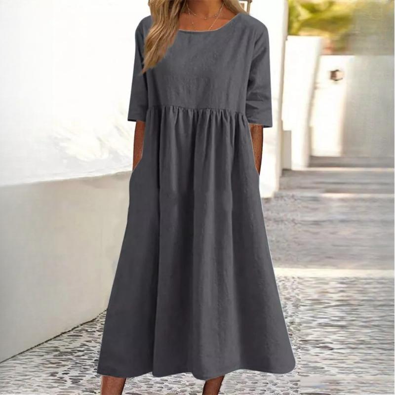 GMXIA Весна/лето О-образный вырез рукава 1/2 большого размера повседневные свободные длинные однотонные хлопковые платья