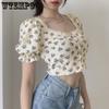 Женские летние короткие откровенные топы с дизайном. Однобортные футболки с короткими рукавами и квадратным вырезом. Кружевные футболки с объемными рукавами.