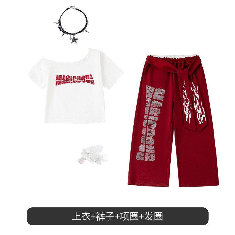 Girls Hip Hop Dance Outfit Jazz Performance Costume Short Sleeve Cropped Top Letter Print Pants Set