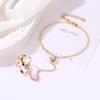 Fashionable European & American Knuckle Ring with Diamond-Studded Leaf Design and Attached Bracelet for Women