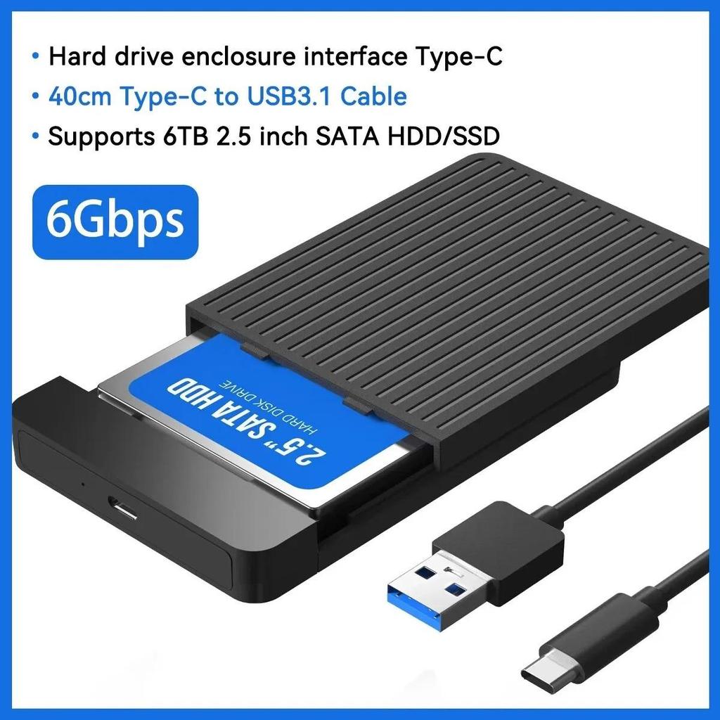 2,5-дюймовый корпус SSD SATA для USB 3.1, мобильный корпус жесткого диска для жесткого диска типа USB-C, поддержка твердотельного накопителя, емкость жесткого диска до 6 ТБ