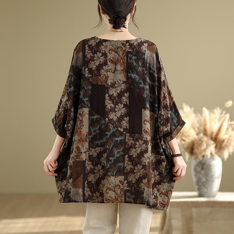 DIMANAF 2025 Весенняя футболка больших размеров для женщин с принтом рукава «летучая мышь» Цветочные винтажные свободные топы повседневные