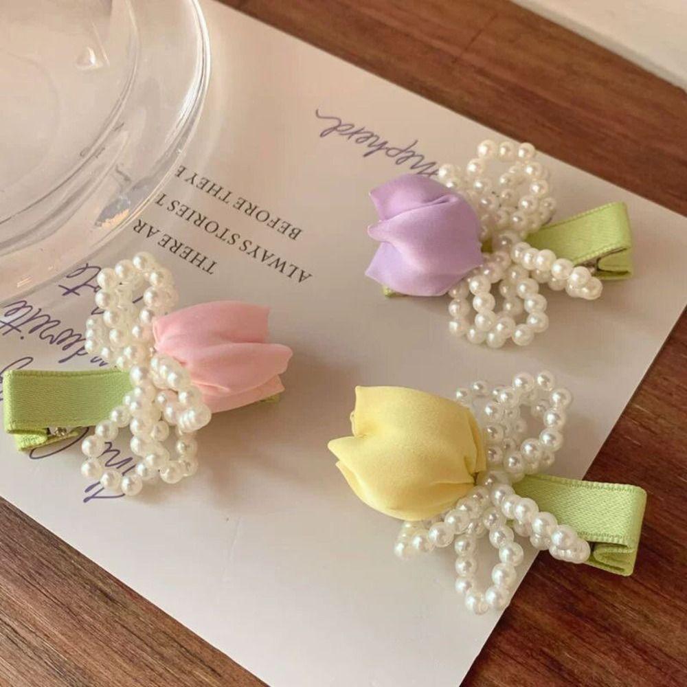Sweet Tulip Pearl Hairpin Premium Sense Bangs Side Headdress Pearl Bowknot Hair Clip  Daily Wear