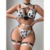 Корова Печать Вырез Цепочка Деталь Сексуальное Нижнее Белье Комплект Чокер Бюстгальтер Трусики Корсет Комбинированный Наряд Сексуальное Нижнее Белье