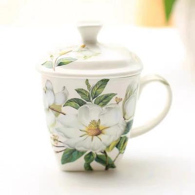Кофейные кружки из костяного фарфора с крышкой, Кружки с цветочным узором "Камелия", Фарфоровая костяная чашка для чая, Элегантная кружка для молока для офиса и дома