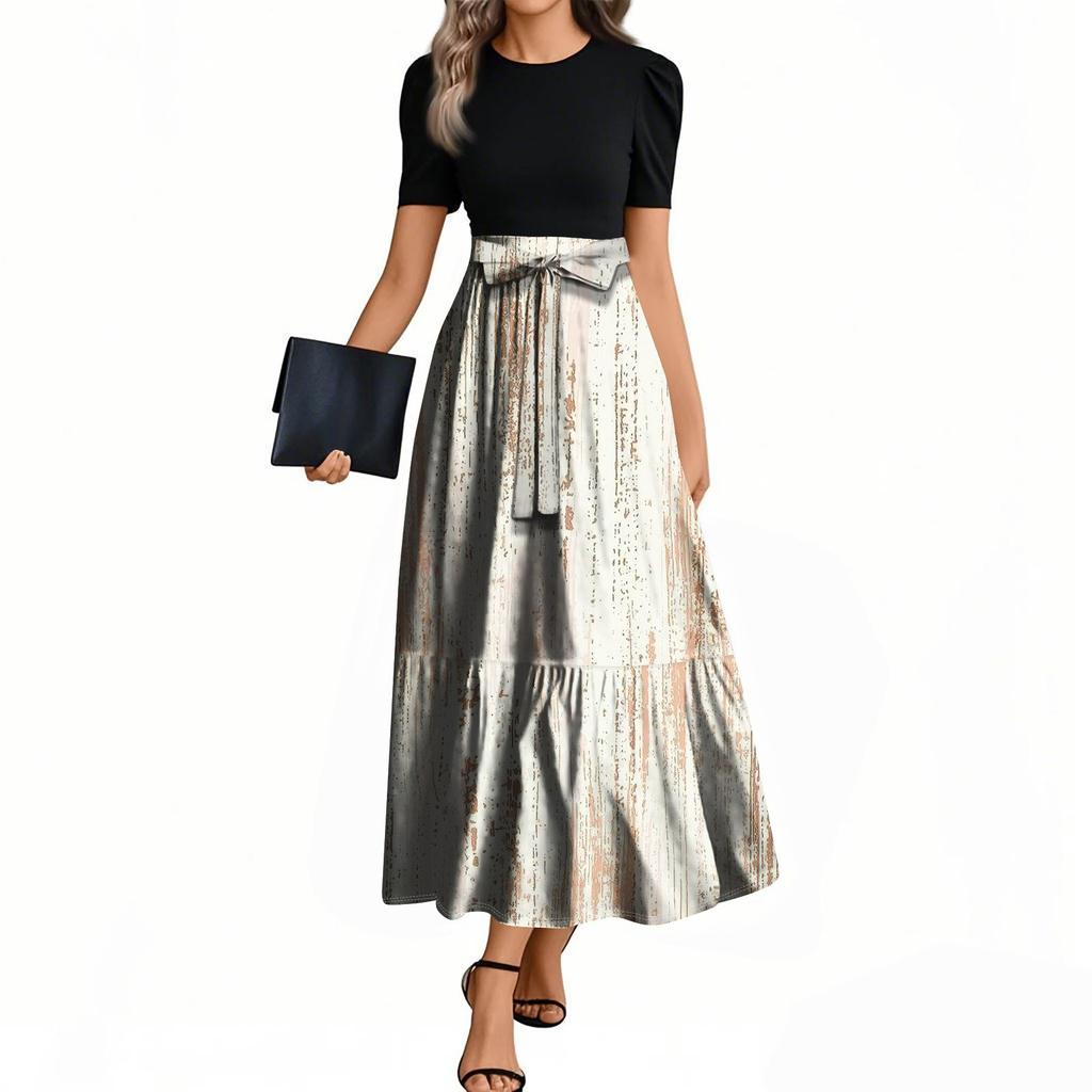 Женские модные повседневные платья с поясом, коротким рукавом, круглым вырезом, геометрическим узором, элегантные платья с темпераментом