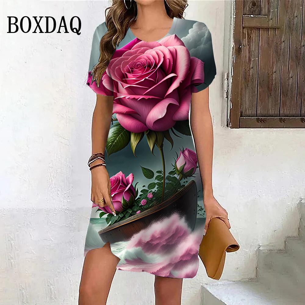 Летнее пляжное вечернее платье для женщин с принтом в виде роз в стиле тай-дай, повседневное платье с коротким рукавом и круглым вырезом, свободная женская одежда