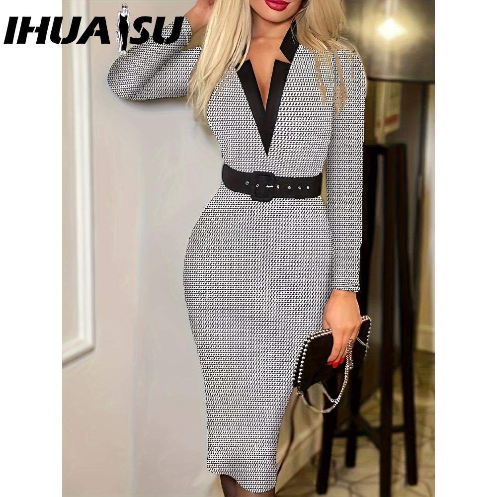 IHUASU Женская мода весенне-осенние повседневные платья с длинным рукавом и v-образным вырезом с высокой талией