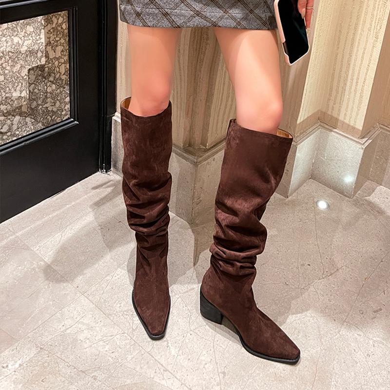 Fashion Designer Vintage Women Knee High Boots Fashion Slip On Long Booties Autumn Winter Thick Heels Ladies Shoes