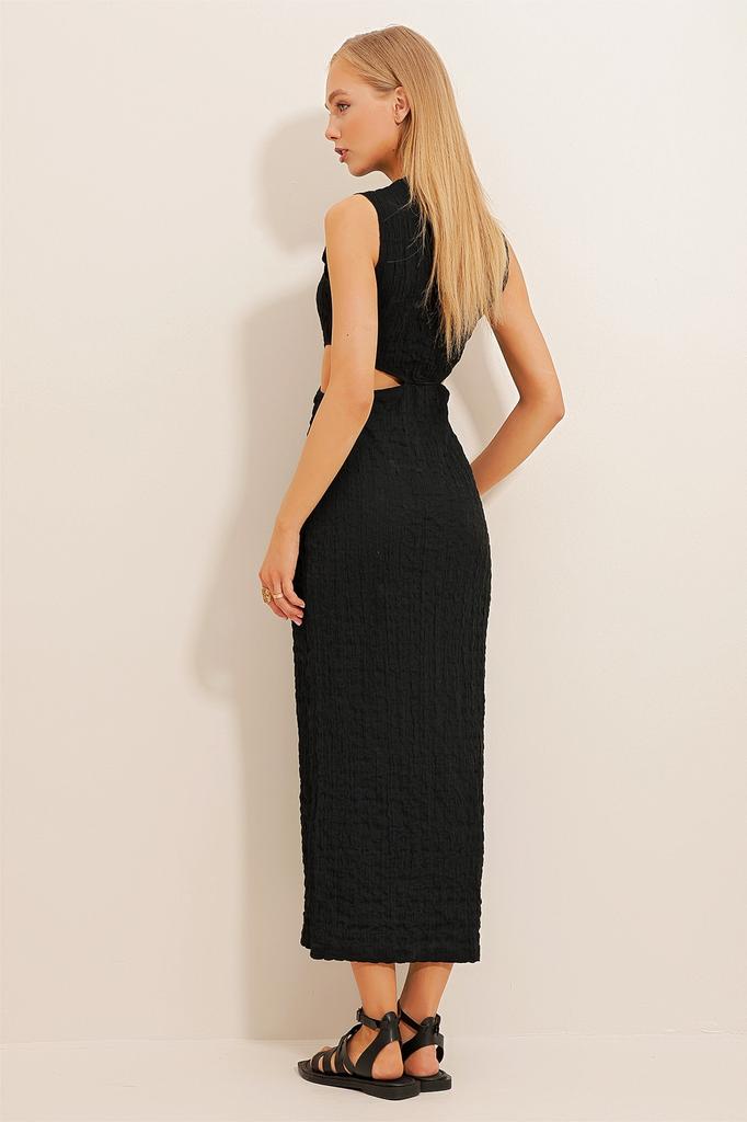 Women's Dress New Season Fashion Dark Navy Blue Outcut Self-Textured Midi Length Dress