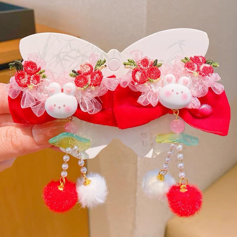 Rabbit Children's New Year Hair Clip Cute Chinese Style Barrettes Plush Fringe Hairpin  Girls