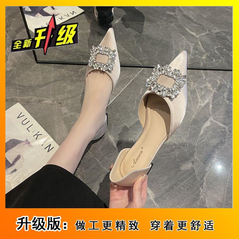2024 летние популярные туфли со стразами и квадратной пряжкой, женские, новые, знаменитые, темпераментные, модные, универсальные, с заостренным носком, с неглубоким горлом, на плоской подошве