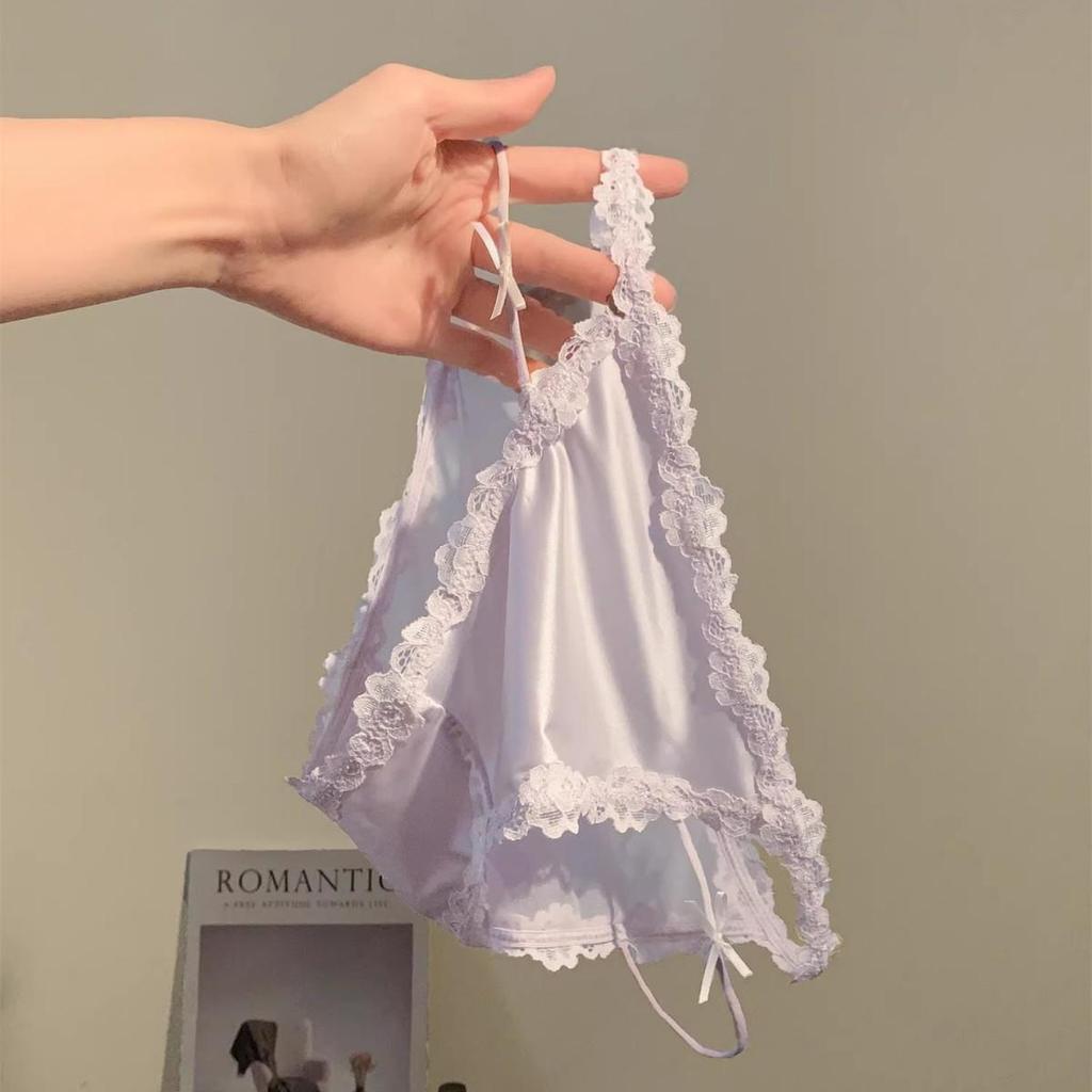 Низко посаженное французское атласное кружевное белье фиолетового цвета таро с дышащей хлопковой ластовицей и кольцами для ног