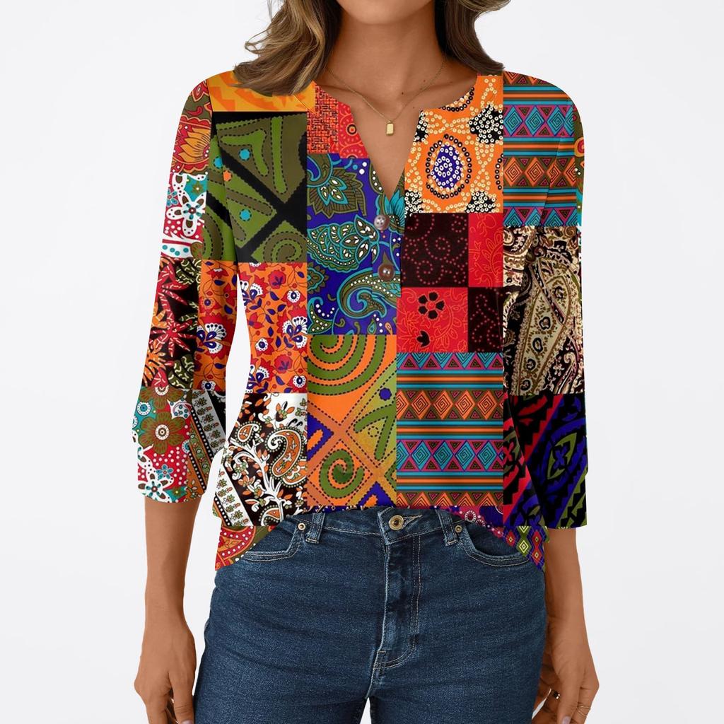 Женская модная повседневная футболка с рукавом 3/4, с принтами, V-образным вырезом и пуговицами