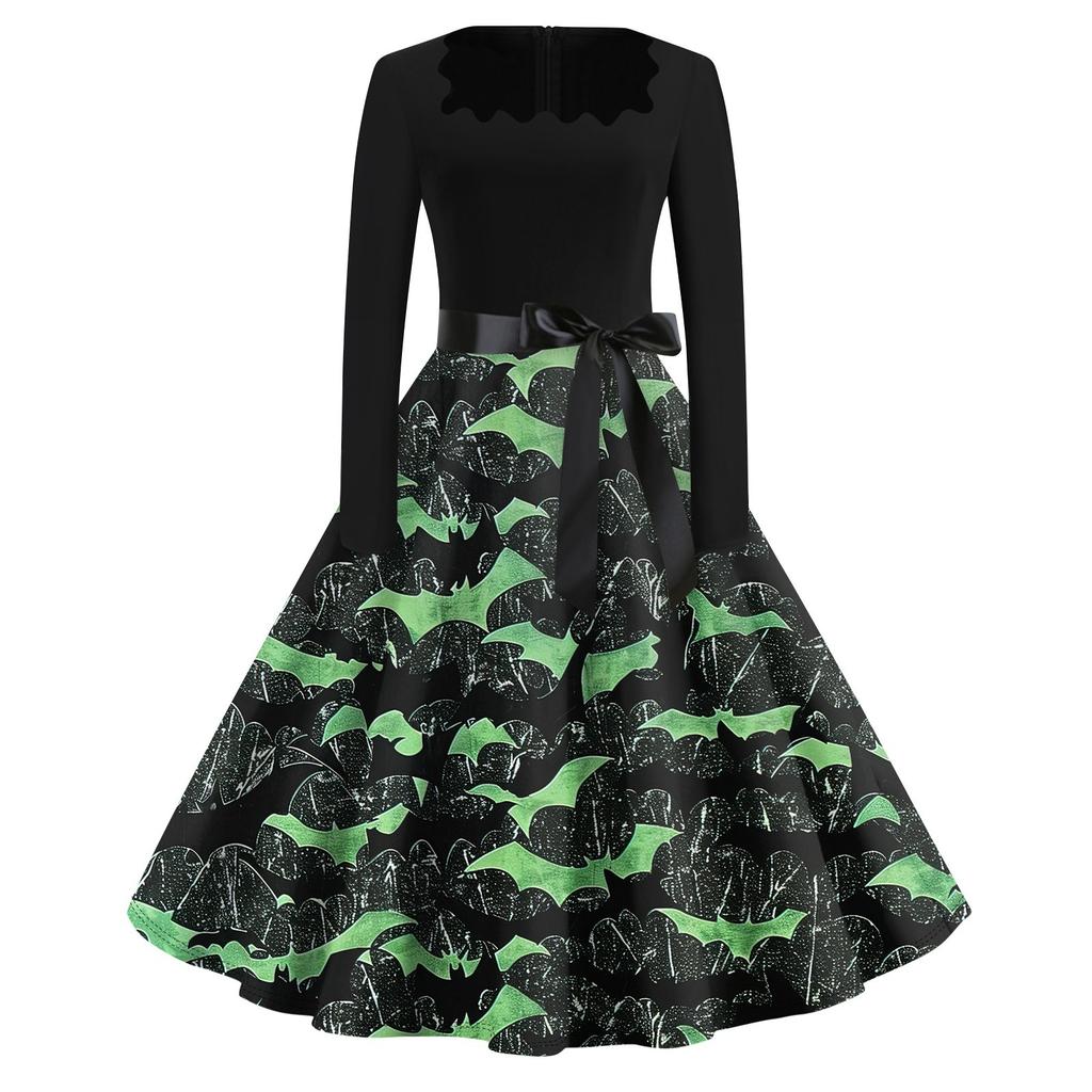 Платье с расклешенным принтом на Хэллоуин для женщин, платье с длинным рукавом, полые вечерние повседневные платья