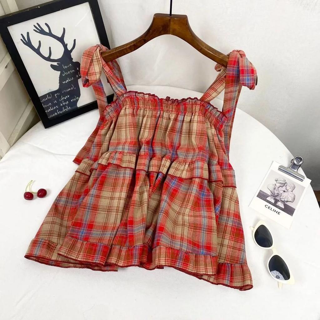 Летние женские винтажные майки и топы на шнуровке, зеленый укороченный топ без рукавов с клетчатыми бретелями, одежда