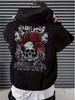 Men's Black Rose & Skull Graphic Hoodie with Lettering - Loose Fit Streetwear Pullover, Front Pockets