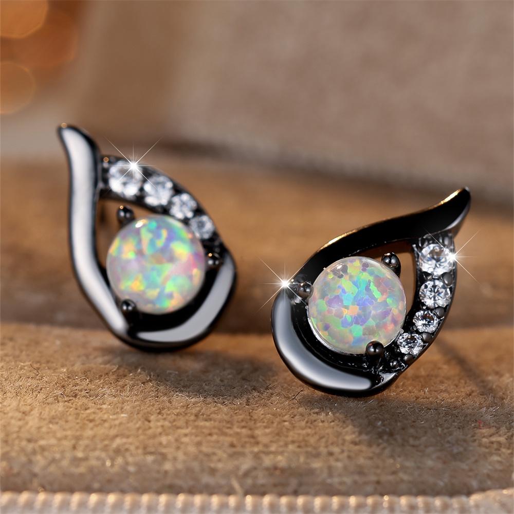 Белые Опалы Огненные Круглые Серьги-Гвоздики Для Женщин Винтажные Черные Розовое Золото Серебряный Цвет Серьги с Крыльями Ангела Помолвочные Украшения