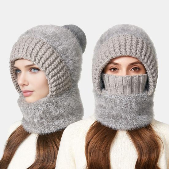 Yousheng Riding Headgear 3 In 1 Hat Scarf Face Guard Solid Color Plush Ball Decor Thickened Warm Windproof Winter Hat