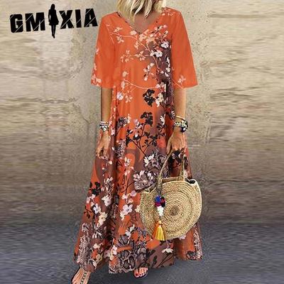 Длинное платье с V-образным вырезом, повседневные принтованные длинные платья больших размеров