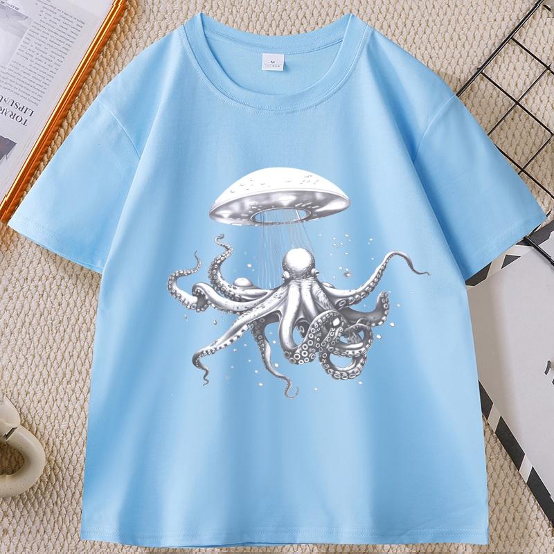 Vintage Octopus Ufo TShirt Cool Alien Octopus TShirt Unisex WOMEN Fashion Adult Baggy Tee Casual Breathable Loose Round Neck Tee