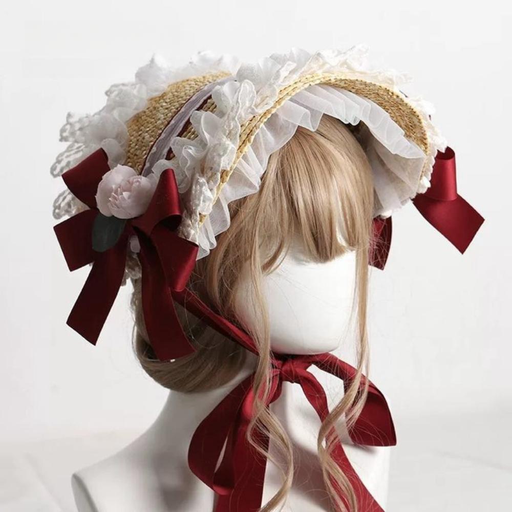Лолита боннет с плоским верхом, пасторальный стиль, бант, лента, цветочная шляпка, мягкая лолита, соломенная шляпа, пляжный отдых