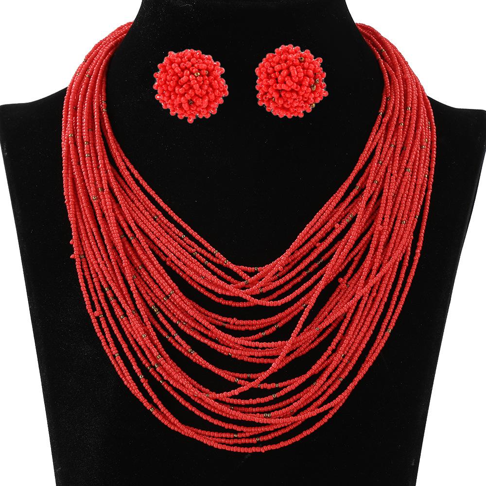 Богемный Многослойный Набор Серьги-Ожерелье из Рисового Бисера Ретро Этнический Стиль Цепочка на Свитер Женские Многослойные Украшения