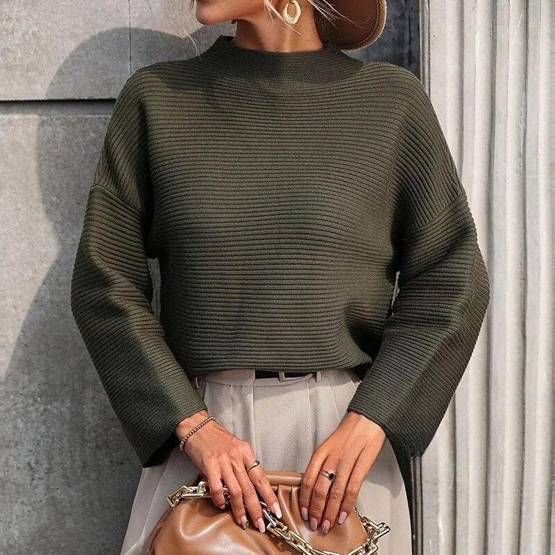 Autumn Pullover Loose Sweater Womens Knitted Pullover Fashion Base Sweater Solid Color Tops Womens Sweatrs Elegant 30406