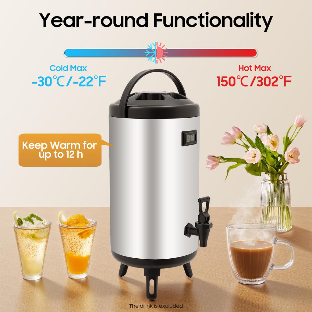 3.17Gal Insulated Beverage Dispenser, 12H Hot/Cold, 304 Stainless Steel with Faucet for Party Wedding Outdoor Camping