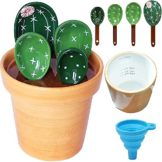 Cactus Measuring Spoons Set in Pot Unique Measuring Cups and Spoons for Coffee Salt Sugar Novelty Cute Baking Gifts Dishwasher Safe Ceramic Measuring
