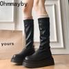 Уютные Женские Сапоги до Колена из Мягкой Кожи Модные Слипоны на Толстом Каблуке Женская Панк-Стиль Длинные Ботильоны Де Мухе