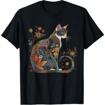 Кошка Красочные Цветочные Узоры Винтажные Цветы Искусство Любитель Кошек Футболка