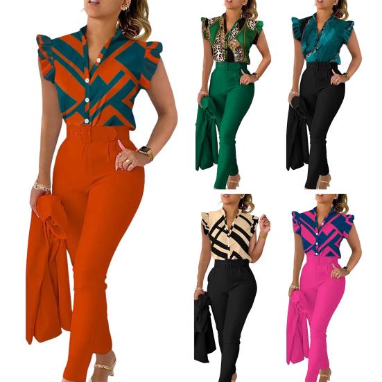 2 шт./компл. женский комплект цветов в коммутационном стиле с летящими рукавами, топ и брюки, соответствующие OL V-образному вырезу