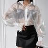 European and American spring and summer new white lapel sexy see-through yarn shirt 1116 fashion wholesale ruffle edge top