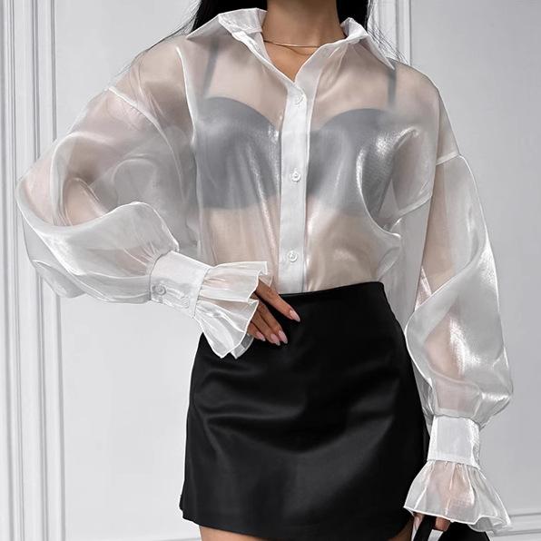 European and American spring and summer new white lapel sexy see-through yarn shirt 1116 fashion wholesale ruffle edge top